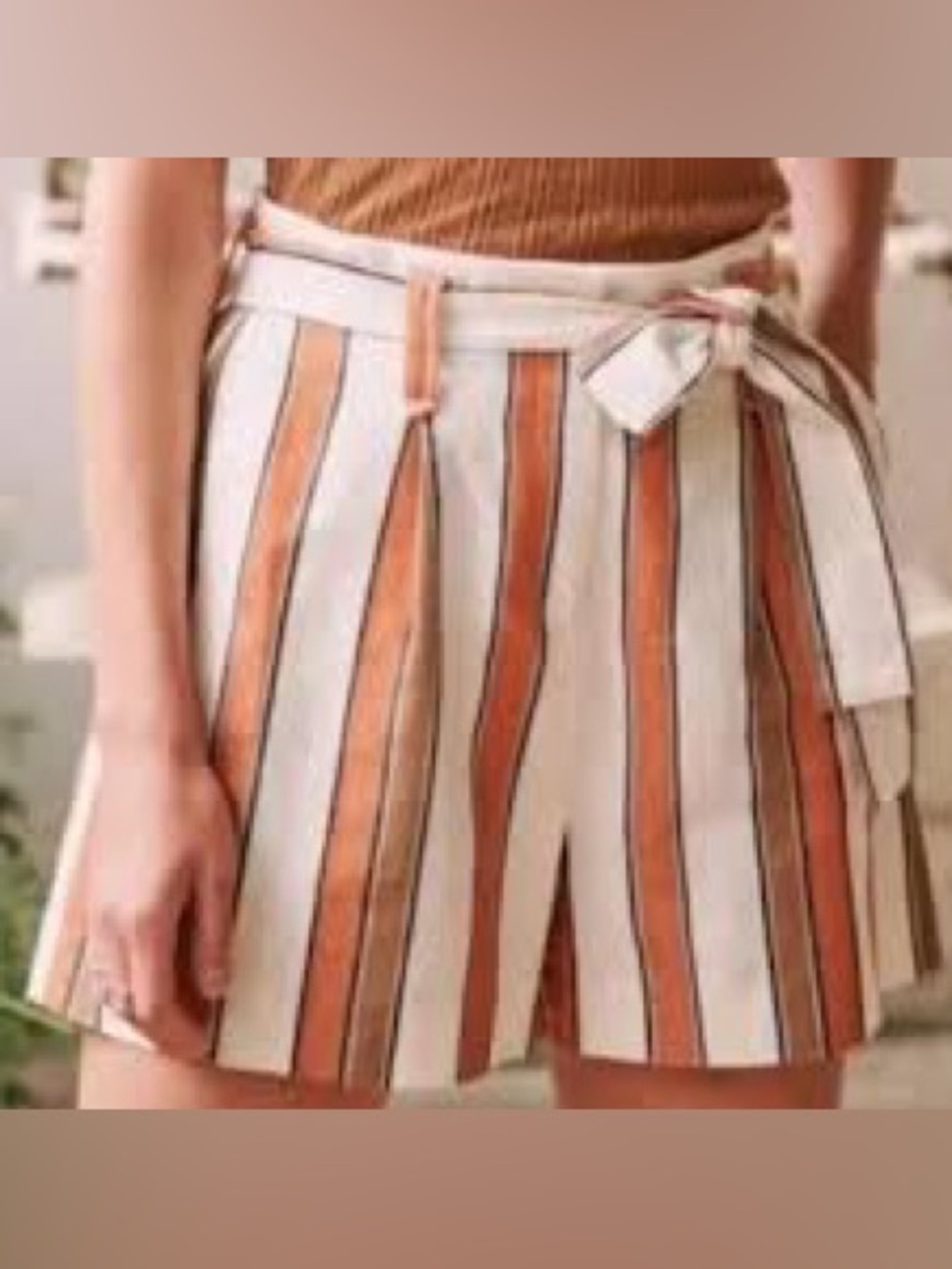 Sézane Lucas Striped Tie-Waist Paperbag linen Shorts in Cream and Rust | size 38